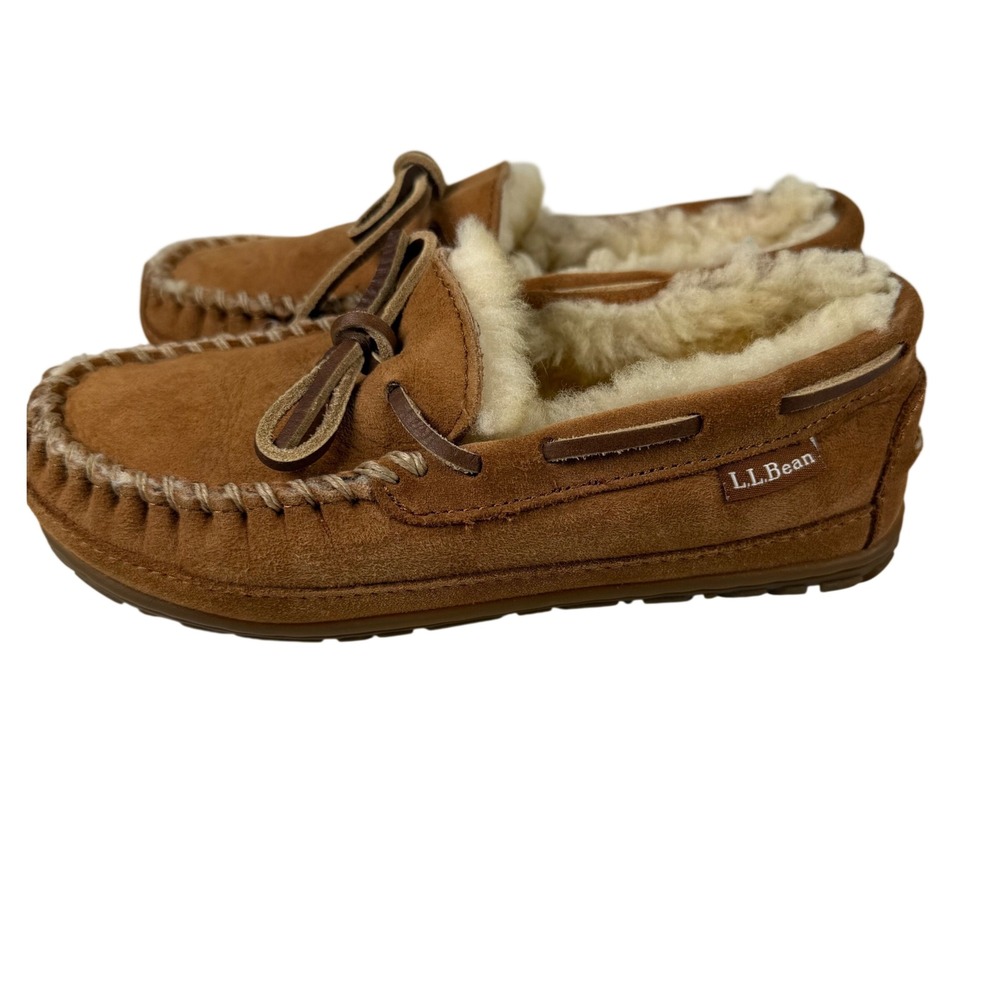 LL Bean Kids 5 Wicked Good Moccasin Slippers Brown Suede Shearling Cozy Gorpcore